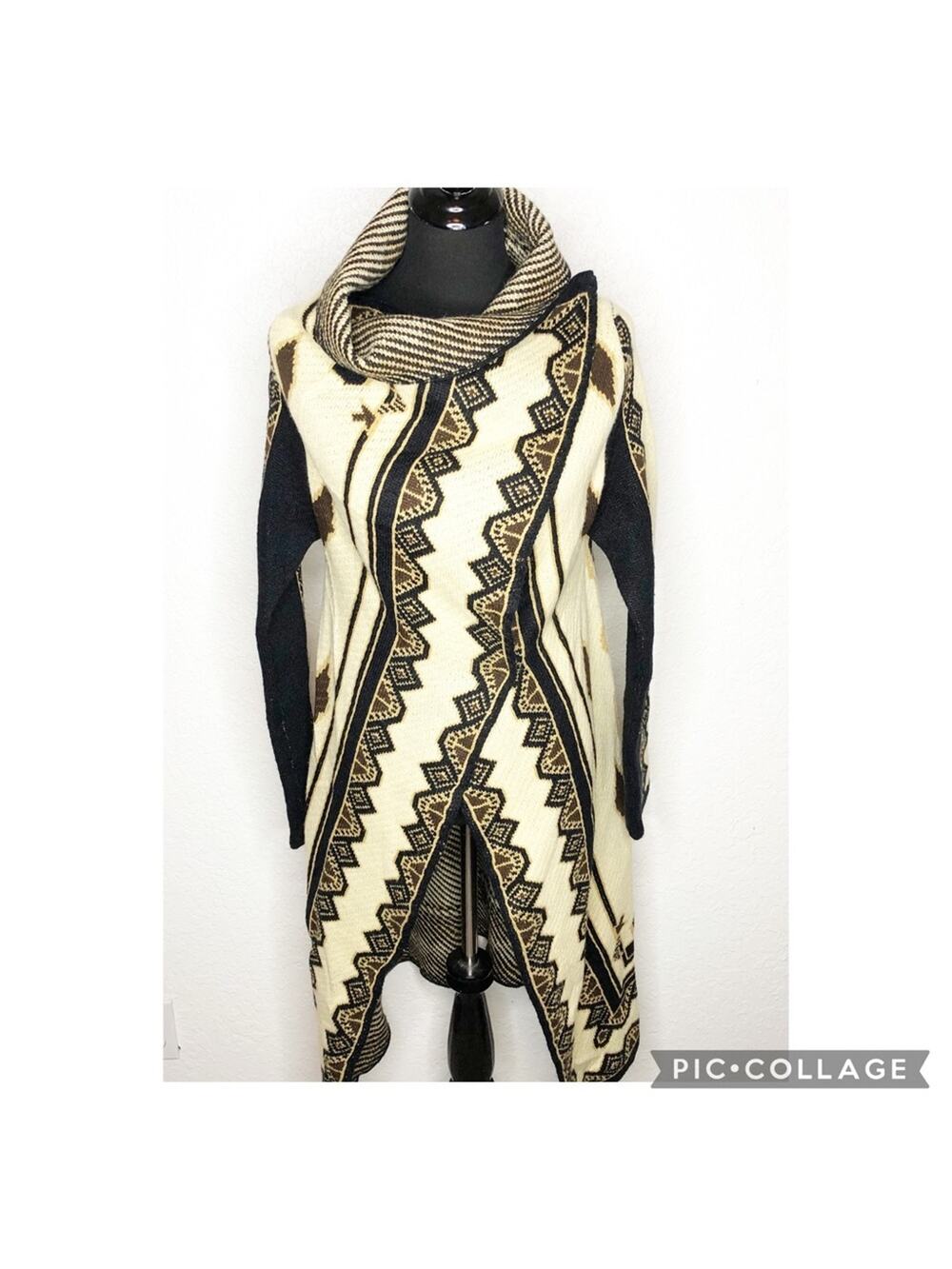 II Sisters black cream gold yellow wrap front long cardigan sweater size S/M
